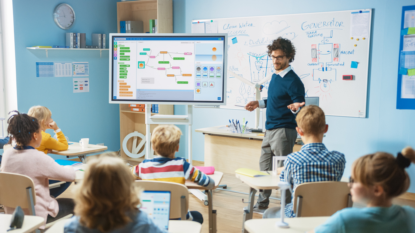 A Teacher Uses a Whiteboard to Lead an Elementary Class Discussion.