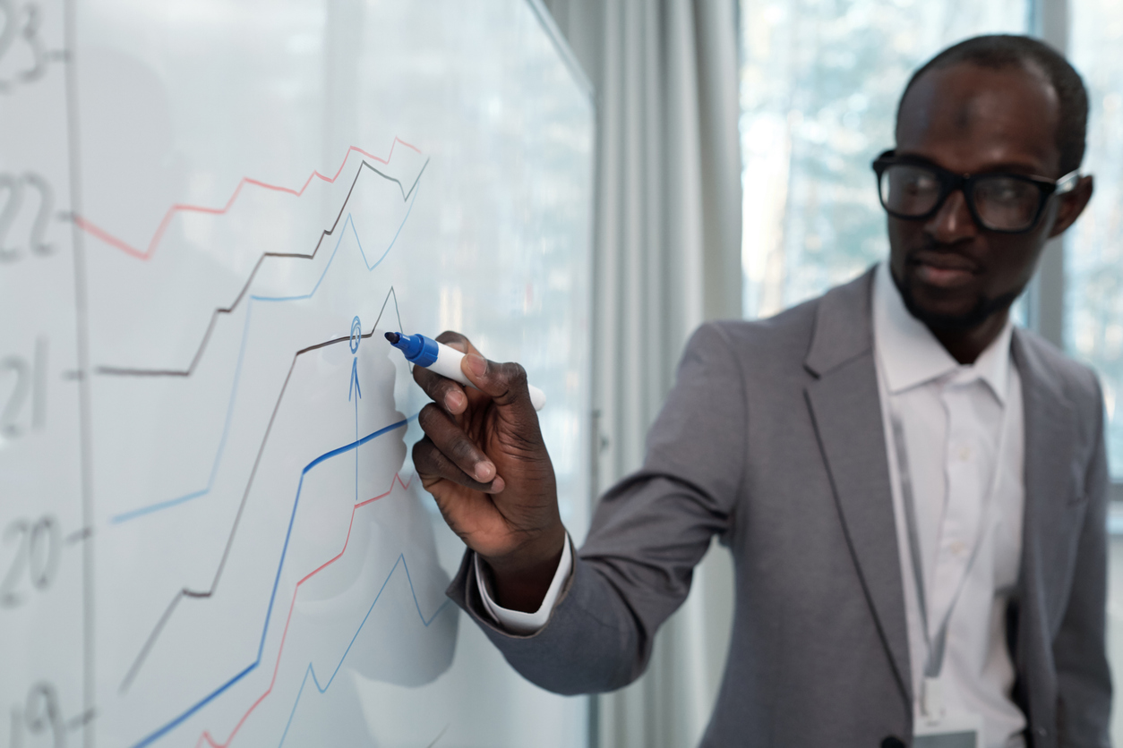 A Finance Professional Drawing a Graph on a White Board.