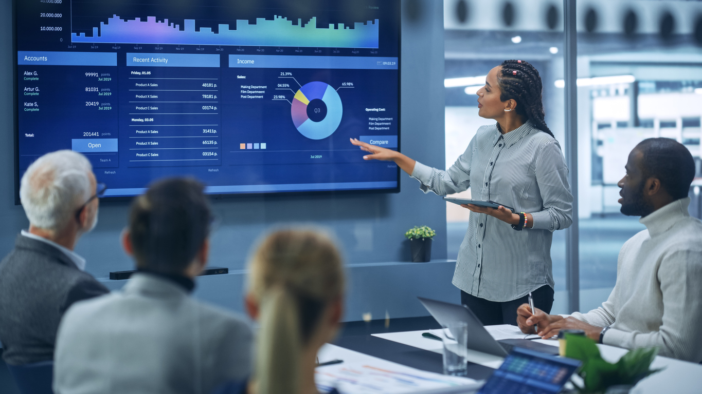 A controller makes a presentation to a company board using a smart screen showing financial data.