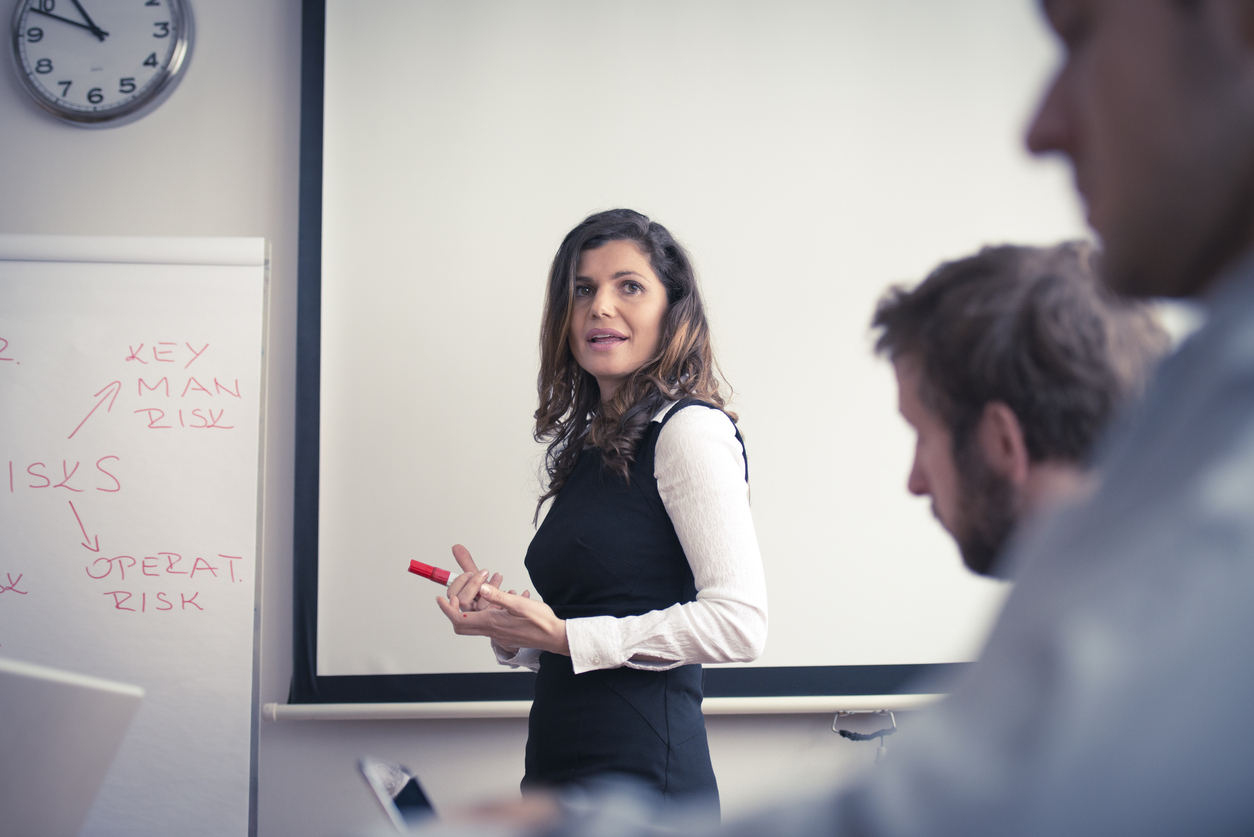 Risk Analysis Professional Presenting to Colleagues.