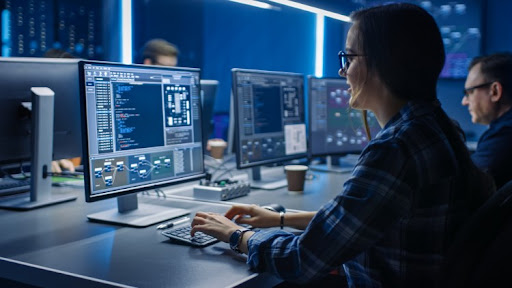 An NOC engineer works on a computer in a data center.