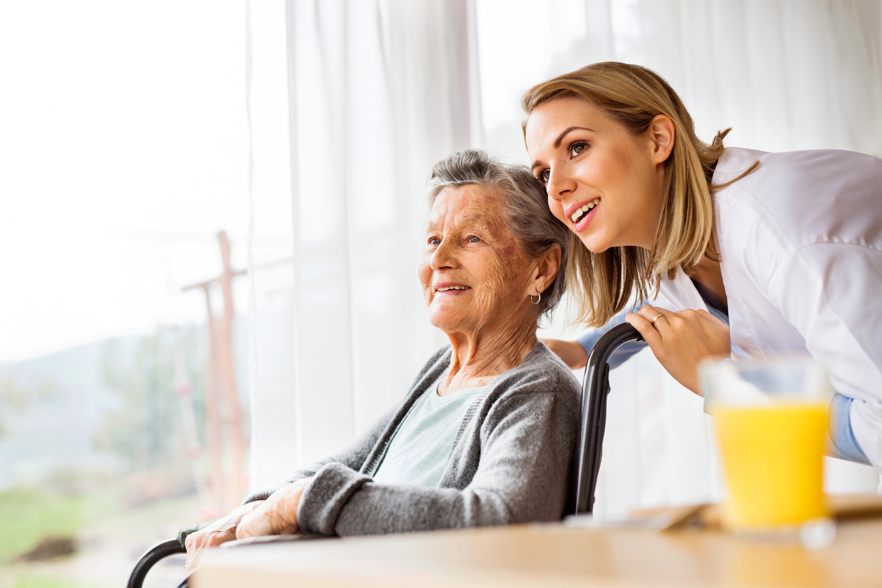 Wellness nurse and older patient smile while looking out a window together.